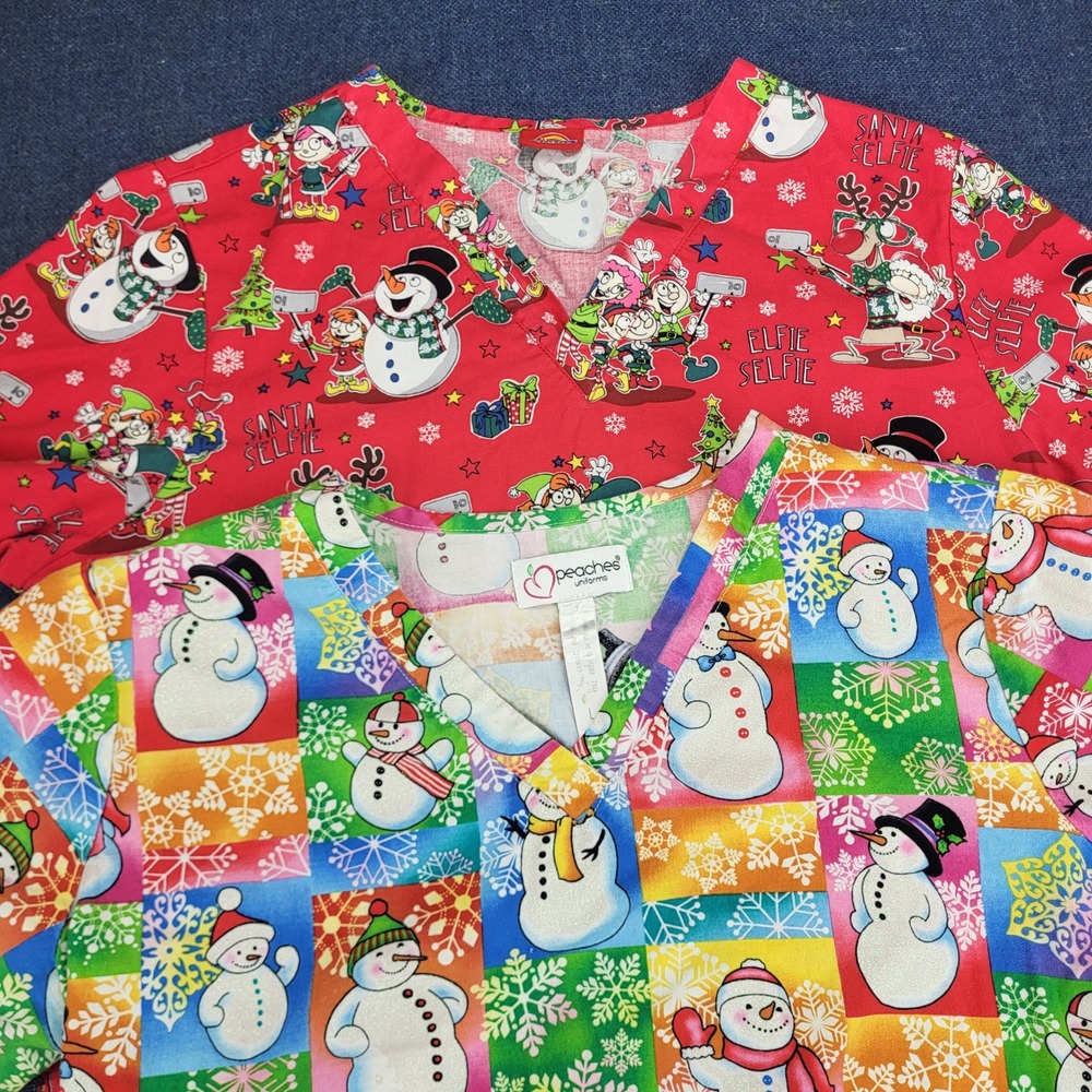 Dickies & Peaches Christmas Scrub Tops 2 Pack Large Red Santa Snowman Glitter